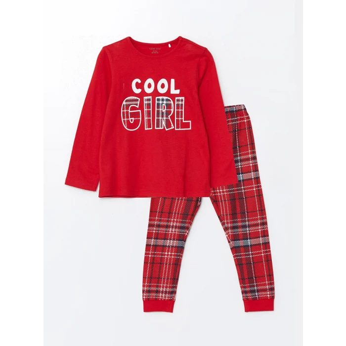 LCW baby KIRMIZI Bisiklet Yaka Uzun Kollu Yılbaşı Temalı Kız Bebek Pijama Takımı