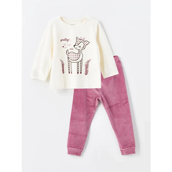 LCW baby EKRU Bisiklet Yaka Kadife Kız Bebek Pijama Takımı