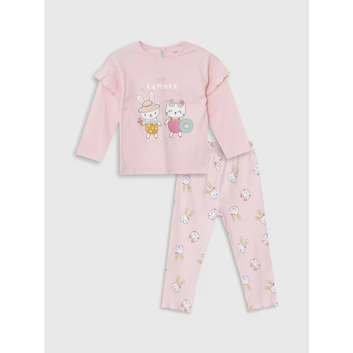 LCW baby PEMBE Bisiklet Yaka Uzun Kollu Baskılı Kız Bebek Pijama Takımı