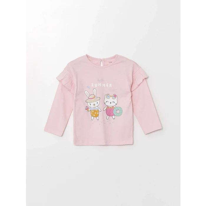 LCW baby PEMBE Bisiklet Yaka Uzun Kollu Baskılı Kız Bebek Pijama Takımı