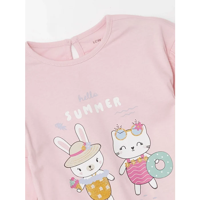 LCW baby PEMBE Bisiklet Yaka Uzun Kollu Baskılı Kız Bebek Pijama Takımı