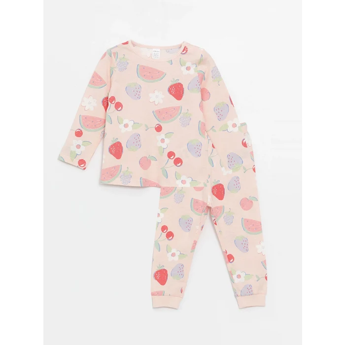 LCW baby PEMBE Bisiklet Yaka Baskılı Kız Bebek Pijama Takımı