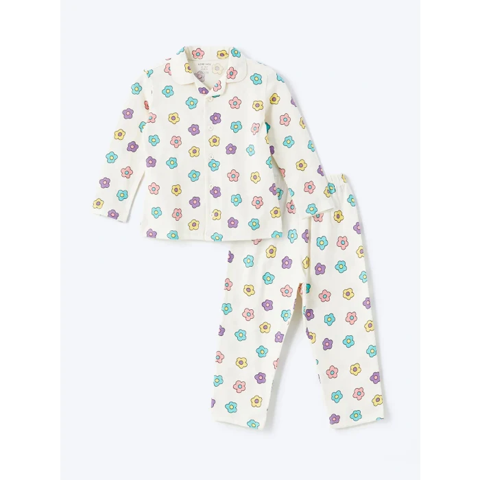 LCW baby EKRU Polo Yaka Çiçekli Kız Bebek Pijama Takım