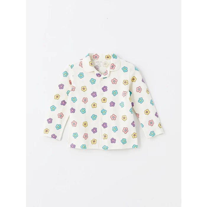 LCW baby EKRU Polo Yaka Çiçekli Kız Bebek Pijama Takım