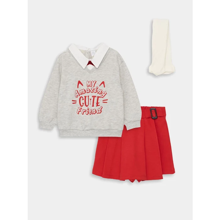 LCW baby GRİ Gömlek Yaka Uzun Kollu Kız Bebek 3lü Takım