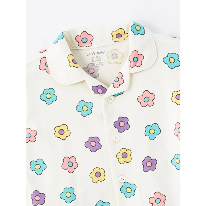 LCW baby EKRU Polo Yaka Çiçekli Kız Bebek Pijama Takım