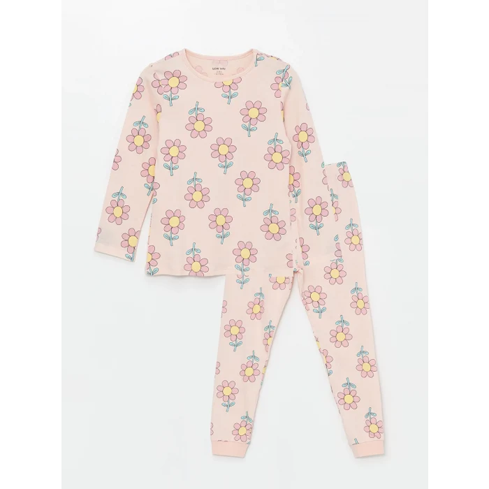 LCW baby PEMBE Bisiklet Yaka Uzun Kollu Çiçekli Kız Bebek Pijama Takımı