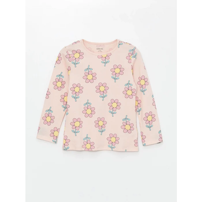 LCW baby PEMBE Bisiklet Yaka Uzun Kollu Çiçekli Kız Bebek Pijama Takımı