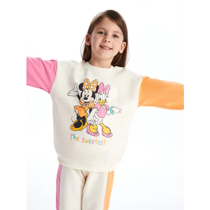 LCW Kids EKRU Bisiklet Yaka Uzun Kollu Minnie Mouse Baskılı Kız Bebek Sweatshirt ve Eşofman Alt 2li