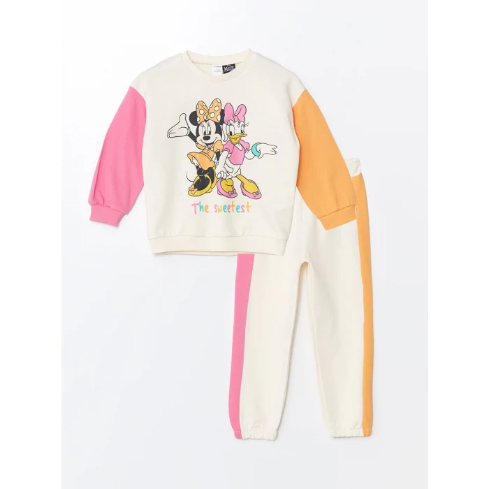 LCW Kids EKRU Bisiklet Yaka Uzun Kollu Minnie Mouse Baskılı Kız Bebek Sweatshirt ve Eşofman Alt 2li