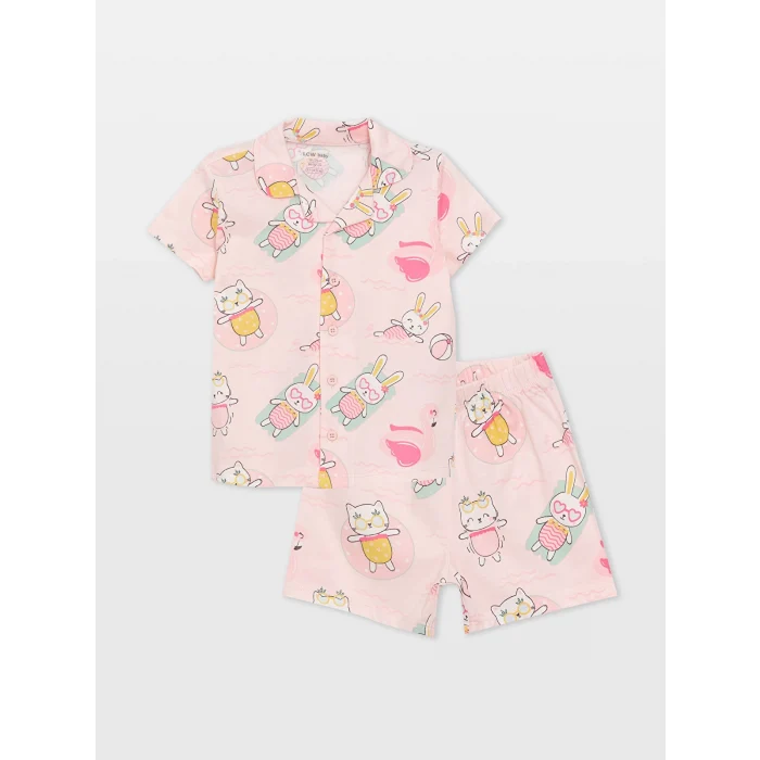 LCW baby PEMBE Polo Yaka Kız Bebek Şortlu Pijama Takımı