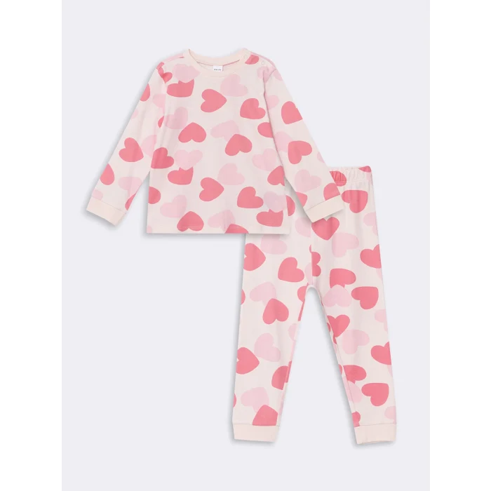 LCW baby PEMBE Bisiklet Yaka Uzun Kollu Baskılı Kız Bebek Pijama Takımı