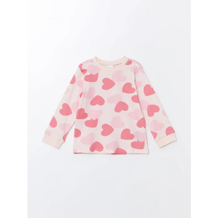 LCW baby PEMBE Bisiklet Yaka Uzun Kollu Baskılı Kız Bebek Pijama Takımı