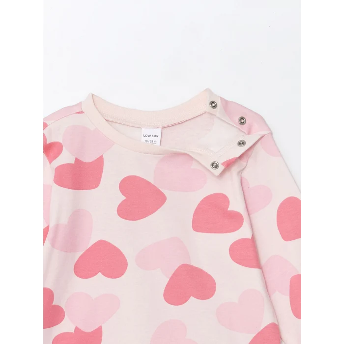 LCW baby PEMBE Bisiklet Yaka Uzun Kollu Baskılı Kız Bebek Pijama Takımı