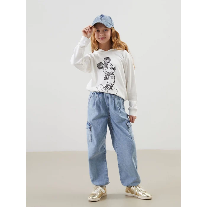 LCW Kids MAVİ Beli Lastikli Kız Çocuk Kargo Jean Pantolon