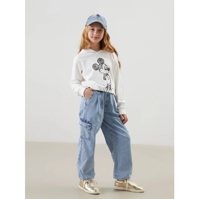 LCW Kids MAVİ Beli Lastikli Kız Çocuk Kargo Jean Pantolon