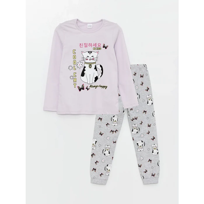 LCW Kids LİLA Bisiklet Yaka Baskılı Uzun Kollu Kız Çocuk Pijama Takımı