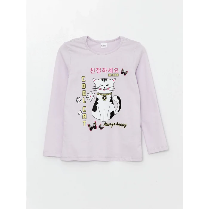 LCW Kids LİLA Bisiklet Yaka Baskılı Uzun Kollu Kız Çocuk Pijama Takımı