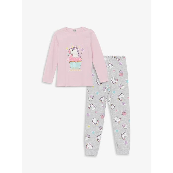 LCW Kids PEMBE Bisiklet Yaka Baskılı Uzun Kollu Kız Çocuk Pijama Takımı