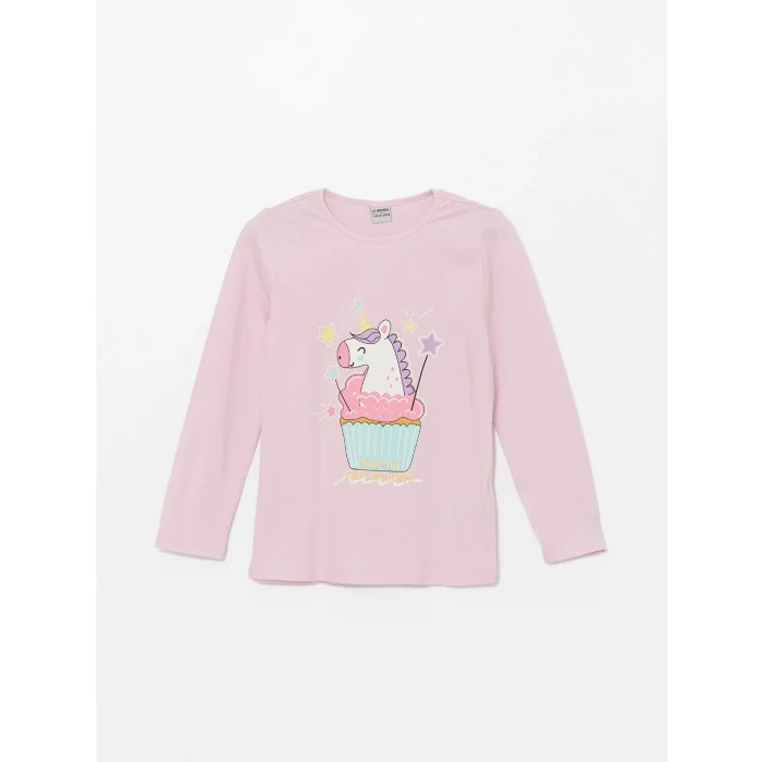 LCW Kids PEMBE Bisiklet Yaka Baskılı Uzun Kollu Kız Çocuk Pijama Takımı