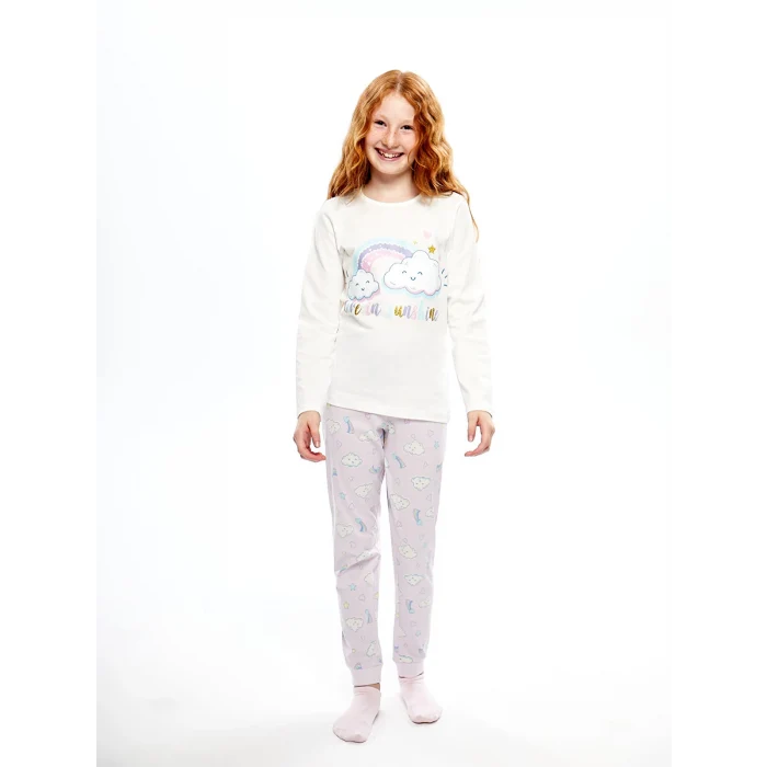 LCW Kids EKRU Bisiklet Yaka Baskılı Uzun Kollu Kız Çocuk Pijama Takımı
