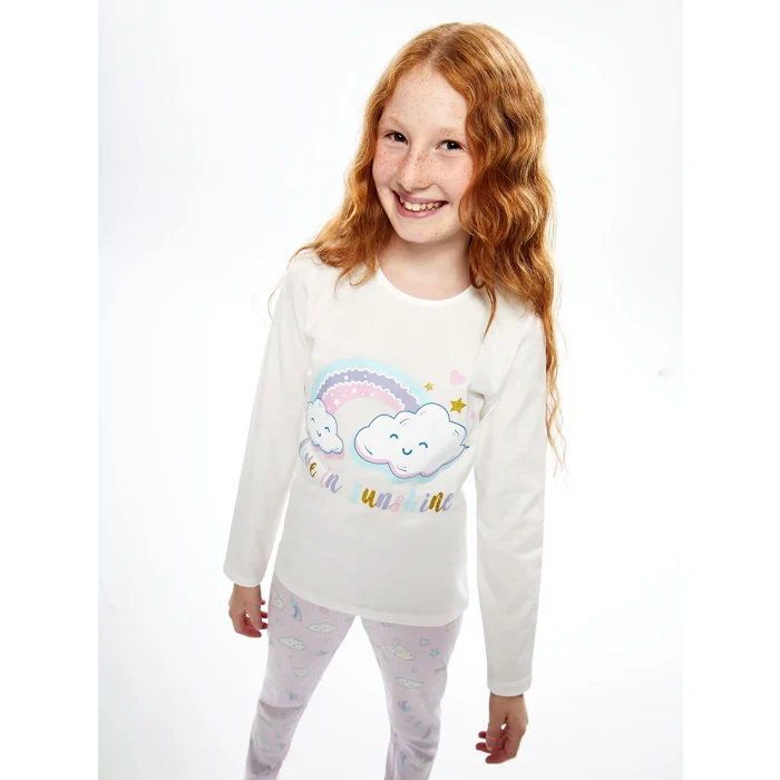 LCW Kids EKRU Bisiklet Yaka Baskılı Uzun Kollu Kız Çocuk Pijama Takımı