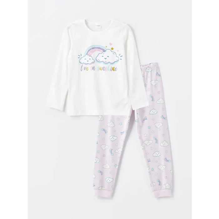LCW Kids EKRU Bisiklet Yaka Baskılı Uzun Kollu Kız Çocuk Pijama Takımı