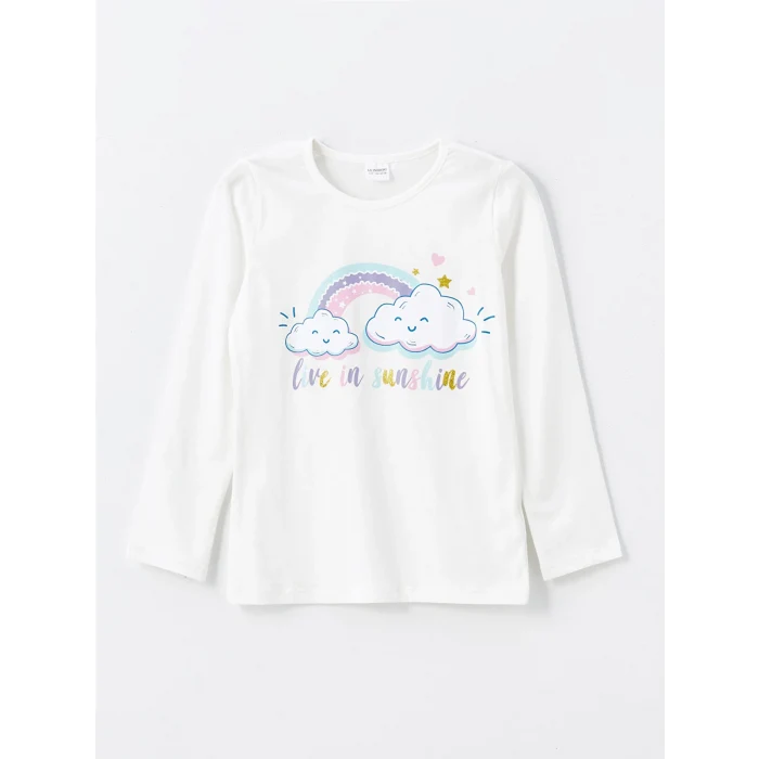 LCW Kids EKRU Bisiklet Yaka Baskılı Uzun Kollu Kız Çocuk Pijama Takımı