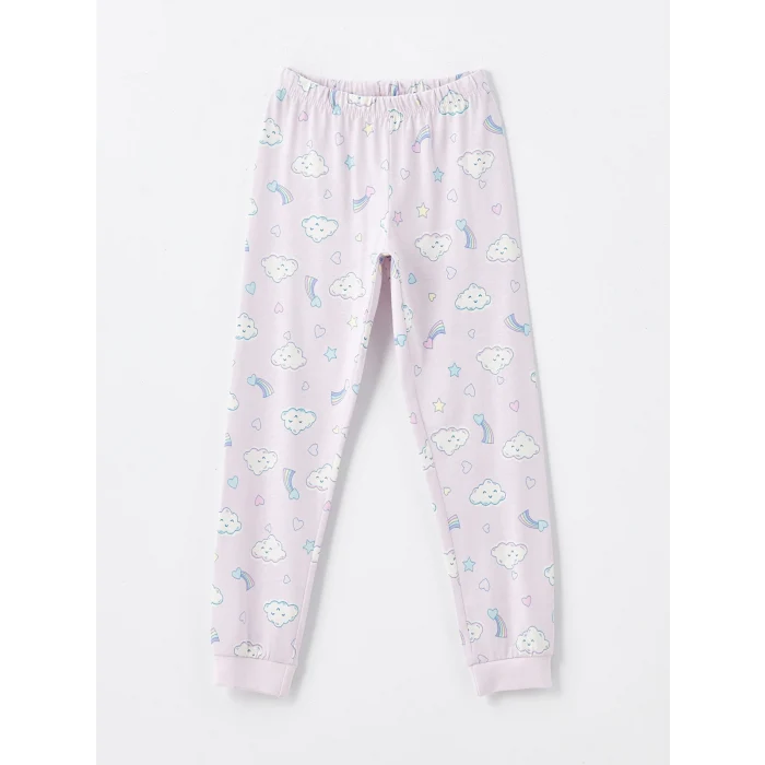 LCW Kids EKRU Bisiklet Yaka Baskılı Uzun Kollu Kız Çocuk Pijama Takımı