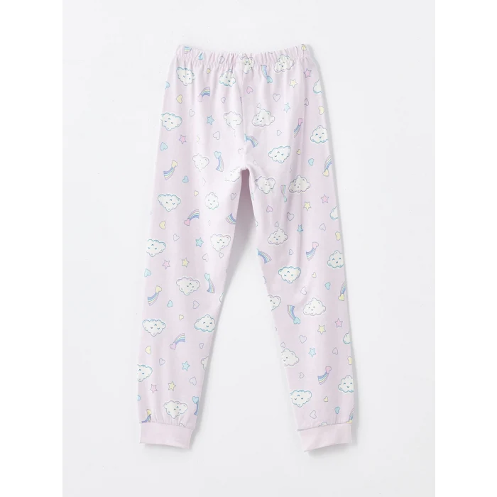 LCW Kids EKRU Bisiklet Yaka Baskılı Uzun Kollu Kız Çocuk Pijama Takımı