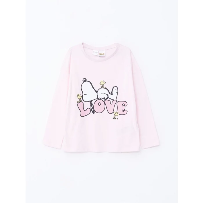 LCW Kids PEMBE Bisiklet Yaka Snoopy Baskılı Uzun Kollu Kız Çocuk Pijama Takımı
