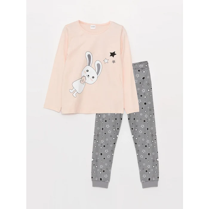 LCW Kids PEMBE Bisiklet Yaka Baskılı Uzun Kollu Kız Çocuk Pijama Takımı