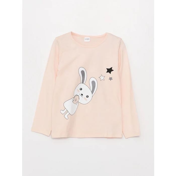 LCW Kids PEMBE Bisiklet Yaka Baskılı Uzun Kollu Kız Çocuk Pijama Takımı