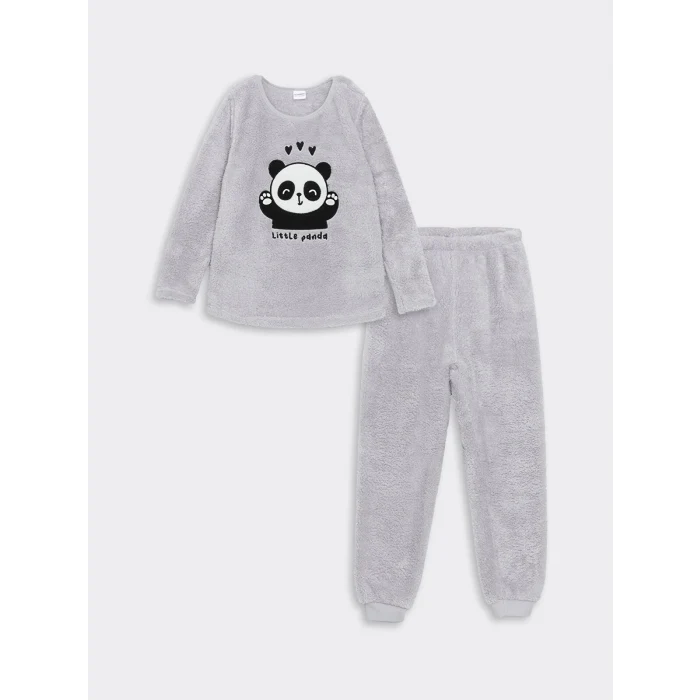 LCW Kids GRİ Bisiklet Yaka Pelüş Kız Çocuk Pijama Takımı