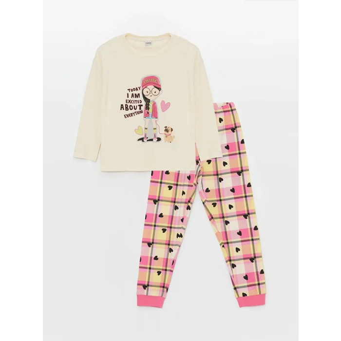 LCW Kids EKRU Bisiklet Yaka Baskılı Uzun Kollu Kız Çocuk Pijama Takımı
