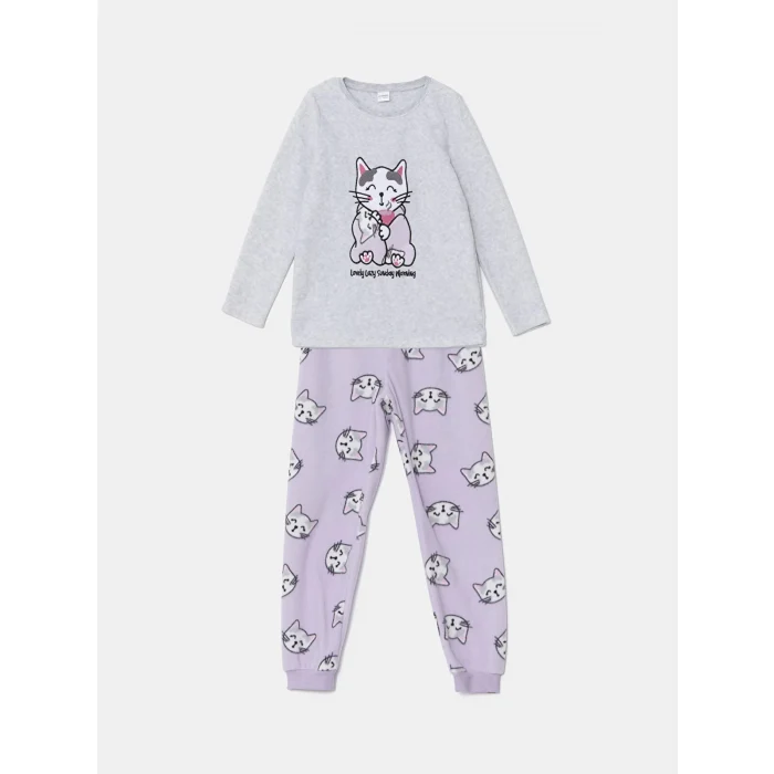 LCW Kids GRİ Bisiklet Yaka Polar Kız Çocuk Pijama Takımı