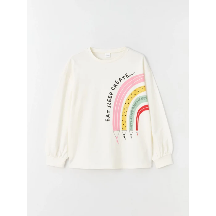 LCW Kids EKRU Bisiklet Yaka Baskılı Uzun Kollu Kız Çocuk Pijama Takımı