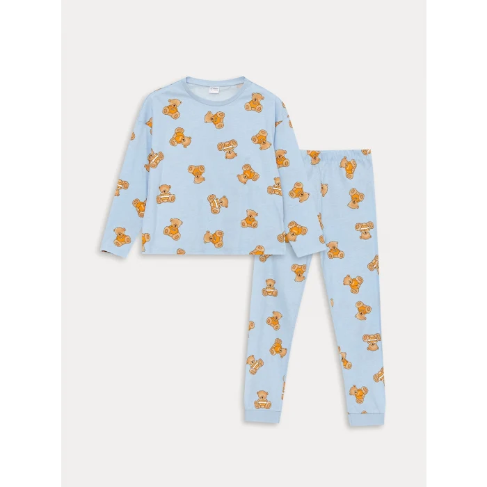 LCW Kids MAVİ Bisiklet Yaka Baskılı Uzun Kollu Kız Çocuk Pijama Takımı