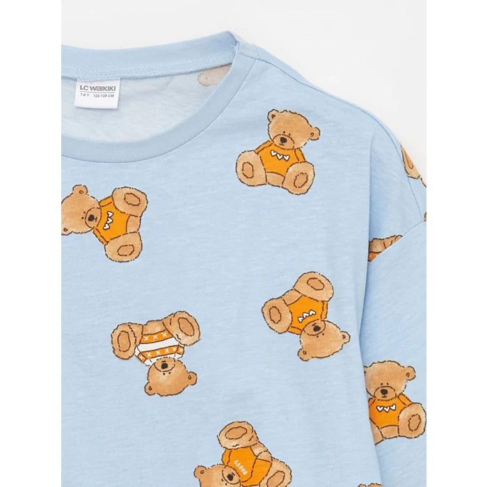 LCW Kids MAVİ Bisiklet Yaka Baskılı Uzun Kollu Kız Çocuk Pijama Takımı