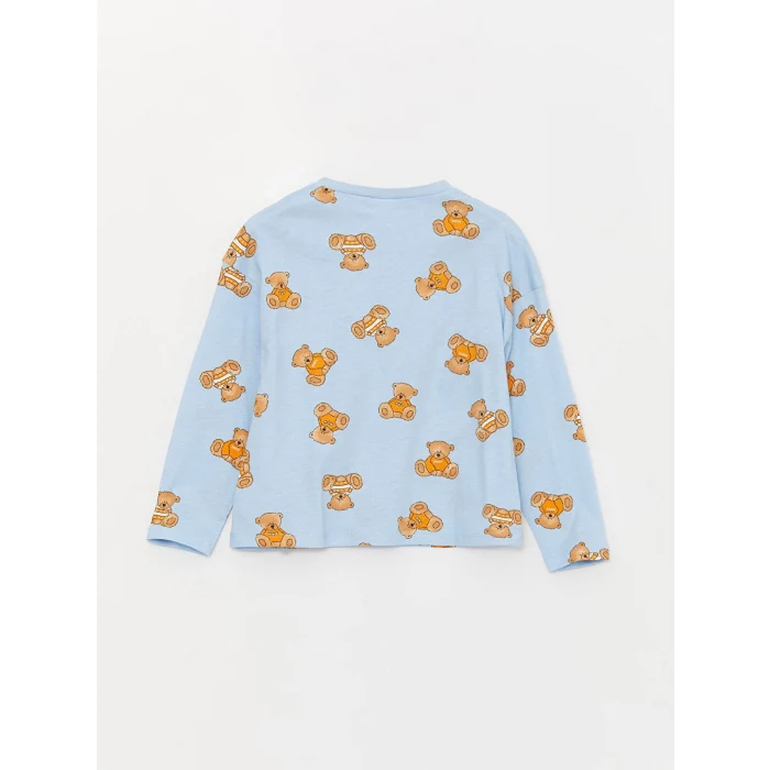 LCW Kids MAVİ Bisiklet Yaka Baskılı Uzun Kollu Kız Çocuk Pijama Takımı