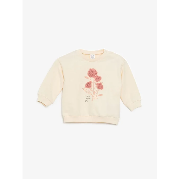 LCW baby EKRU Bisiklet Yaka Baskılı Kız Bebek Sweatshirt ve Eşofman Alt 2li Takım