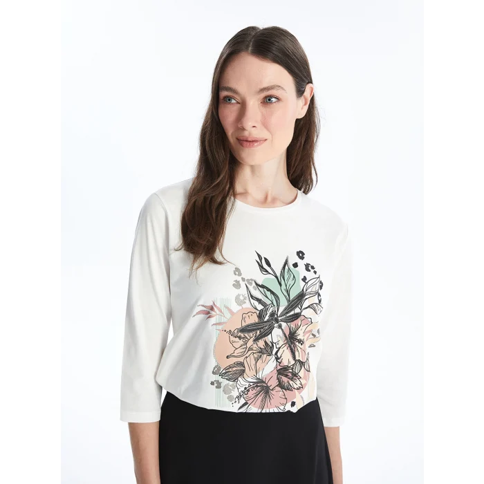 LCW Grace BEYAZ Bisiklet Yaka Baskılı Kadın Tişört