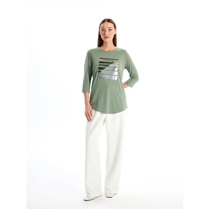 LCWAIKIKI Basic HAKİ Bisiklet Yaka Pul Payetli Kadın Bluz