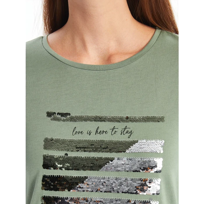 LCWAIKIKI Basic HAKİ Bisiklet Yaka Pul Payetli Kadın Bluz