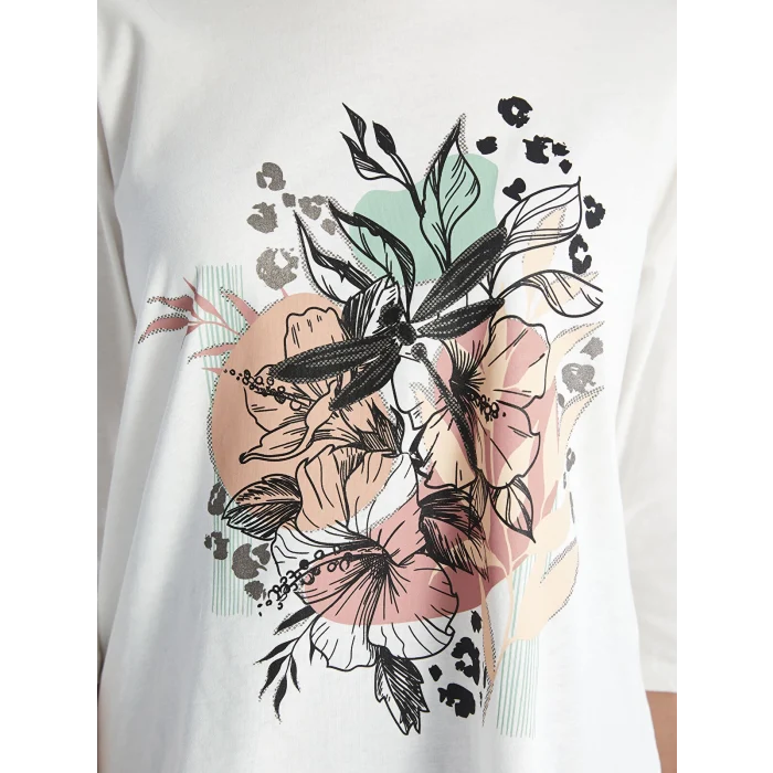 LCW Grace BEYAZ Bisiklet Yaka Baskılı Kadın Tişört