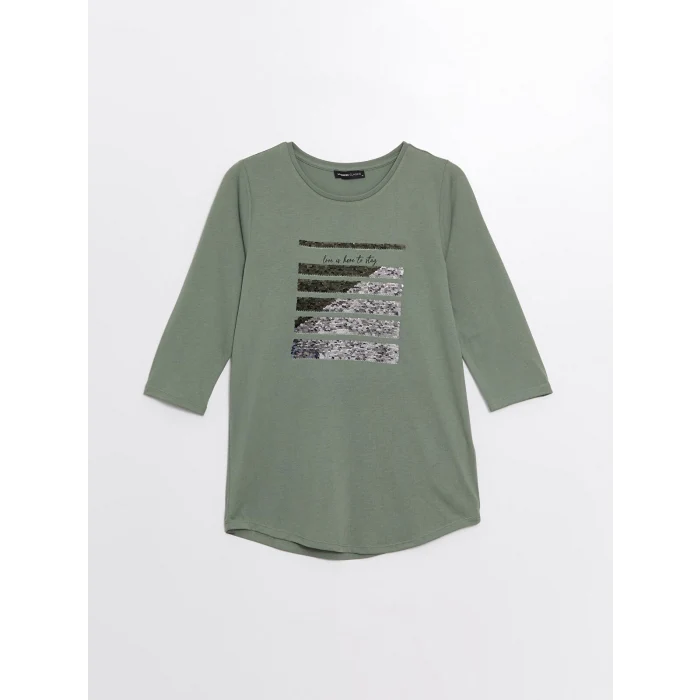 LCWAIKIKI Basic HAKİ Bisiklet Yaka Pul Payetli Kadın Bluz