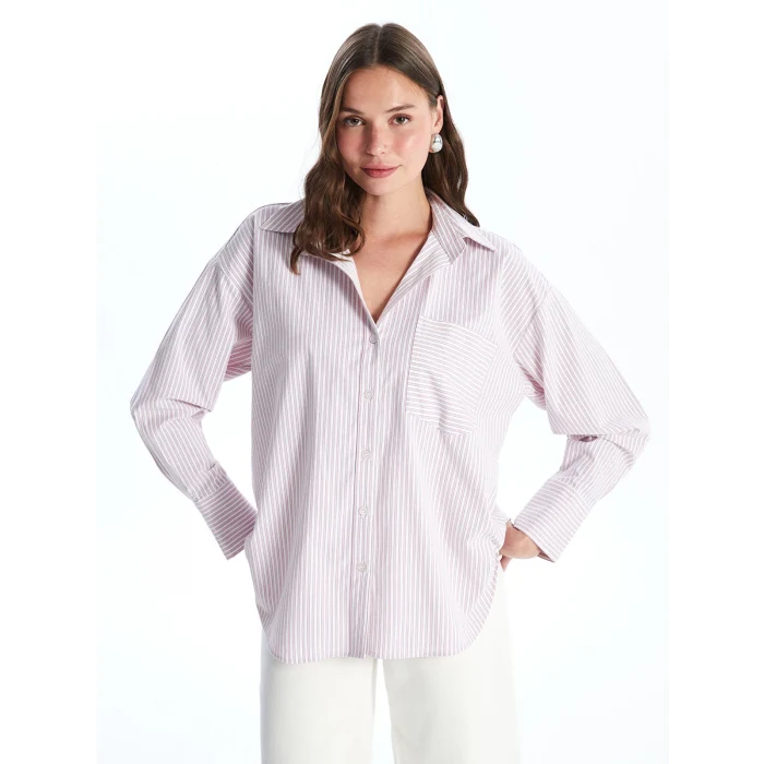 LCW Vision PEMBE Çizgili Uzun Kollu Oversize Kadın Gömlek