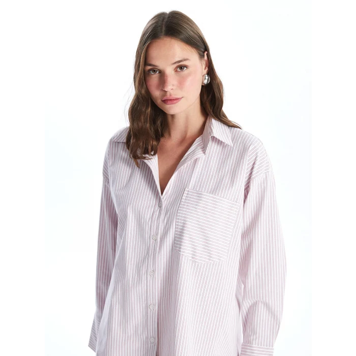 LCW Vision PEMBE Çizgili Uzun Kollu Oversize Kadın Gömlek