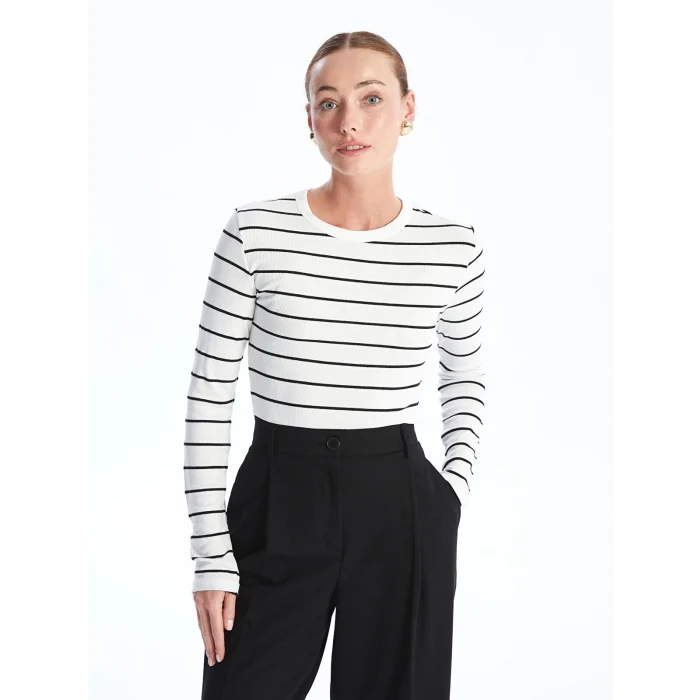 LCWAIKIKI Basic EKRU Bisiklet Yaka Çizgili Uzun Kollu Kadın Body