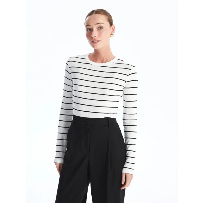 LCWAIKIKI Basic EKRU Bisiklet Yaka Çizgili Uzun Kollu Kadın Body